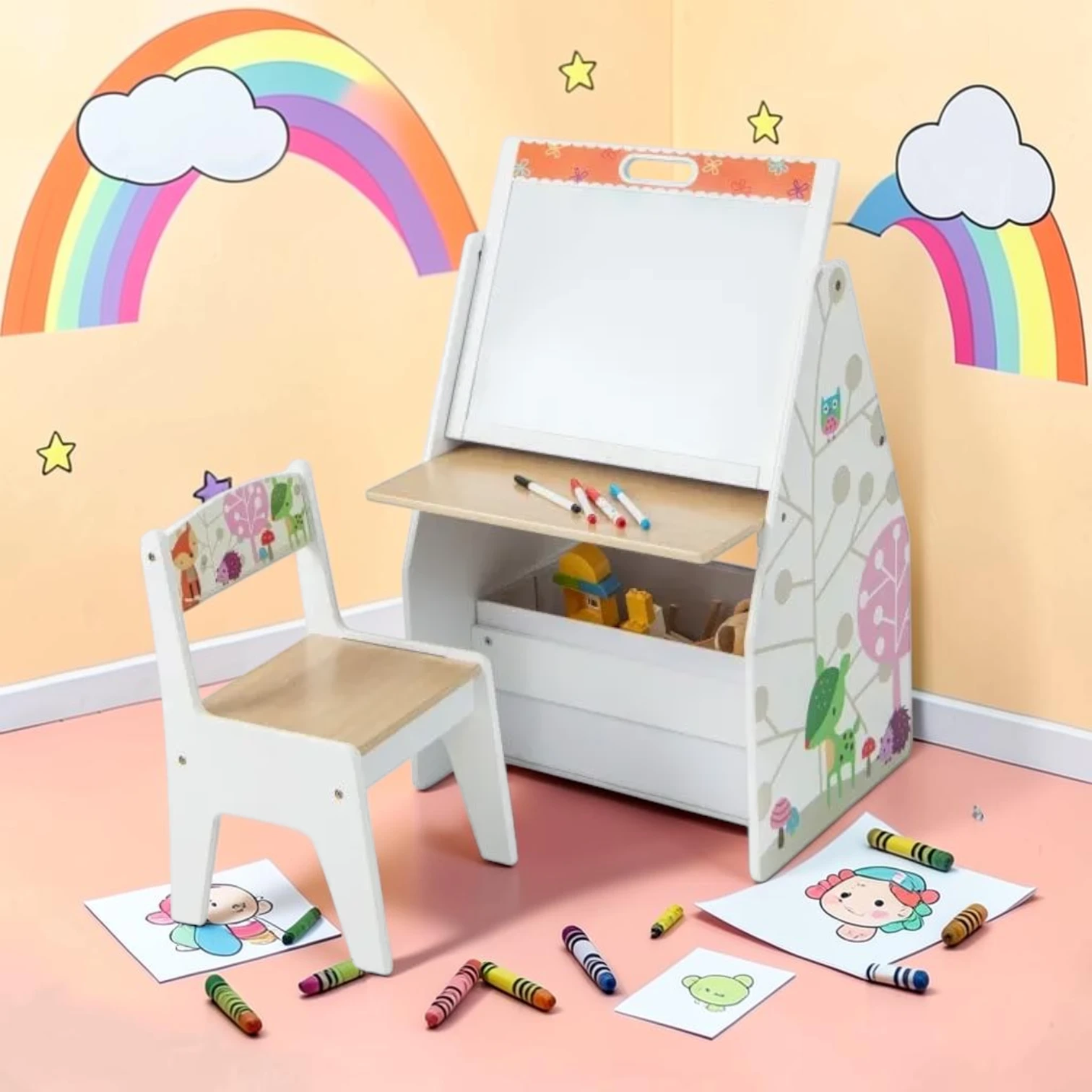 kidartstand 3 in 1 Kids Easel and Play Station Convertible with Chair and Storage Bins-White
