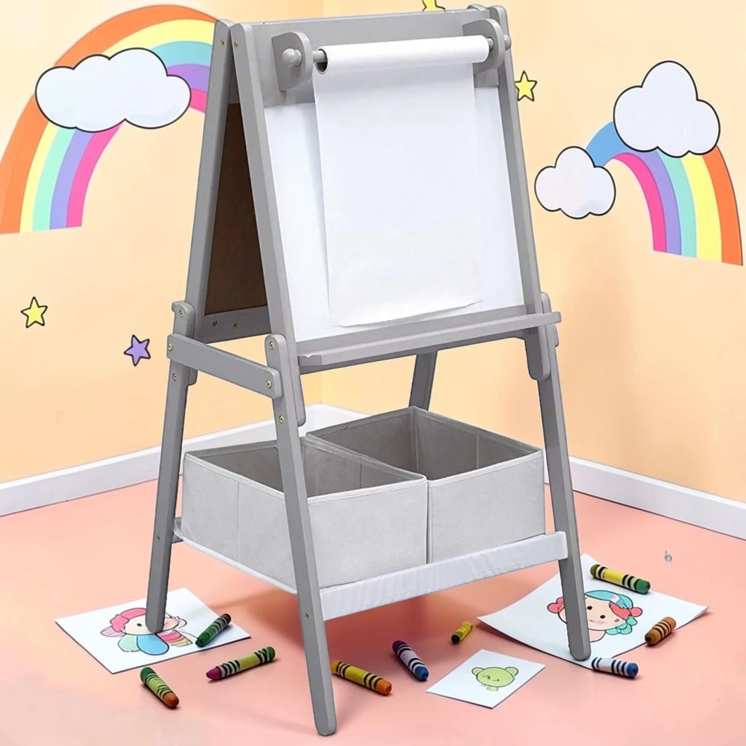 kidartstand Double-Sided Kids Art Easel, Wooden Frame, 21.625"L x 20.5"W x 40.75"H