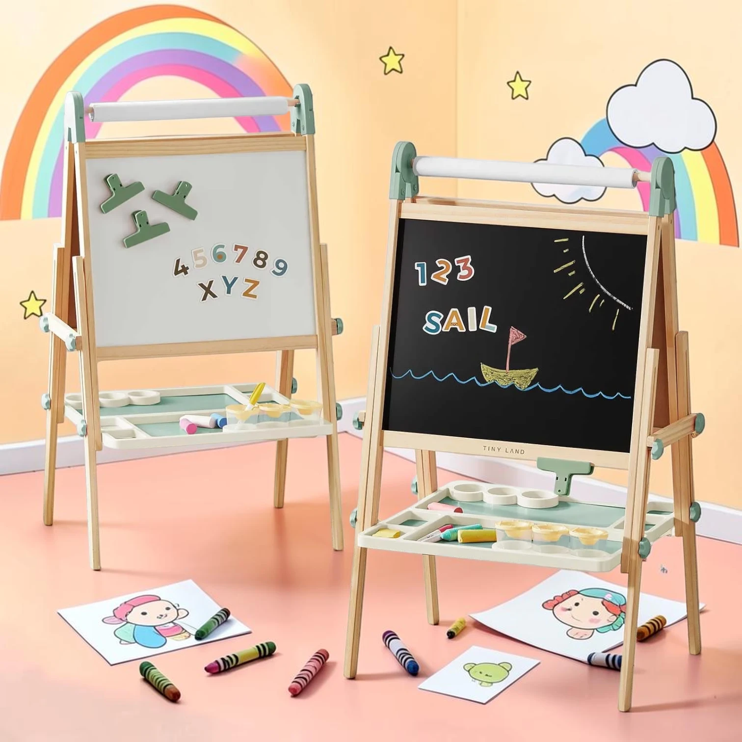 kidartstand Double-Sided Magnetic Art Easel, Natural Pine Wood, Adjustable Height 38.6 to 43.9 Inches