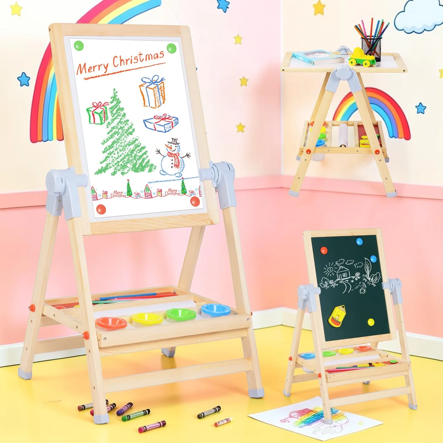 kidartstand 3-in-1 Adjustable Kids Art Easel, Wooden Standing Board with Chalkboard and Whiteboard, 25.2-38 inch Height