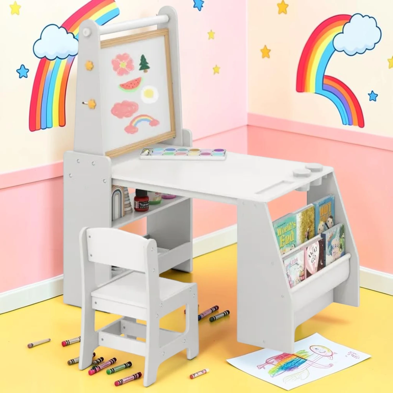 kidartstand Kids Art Table and Chair Set with Easel, MDF and Pine Wood, 40" x 23" x 44", Grey