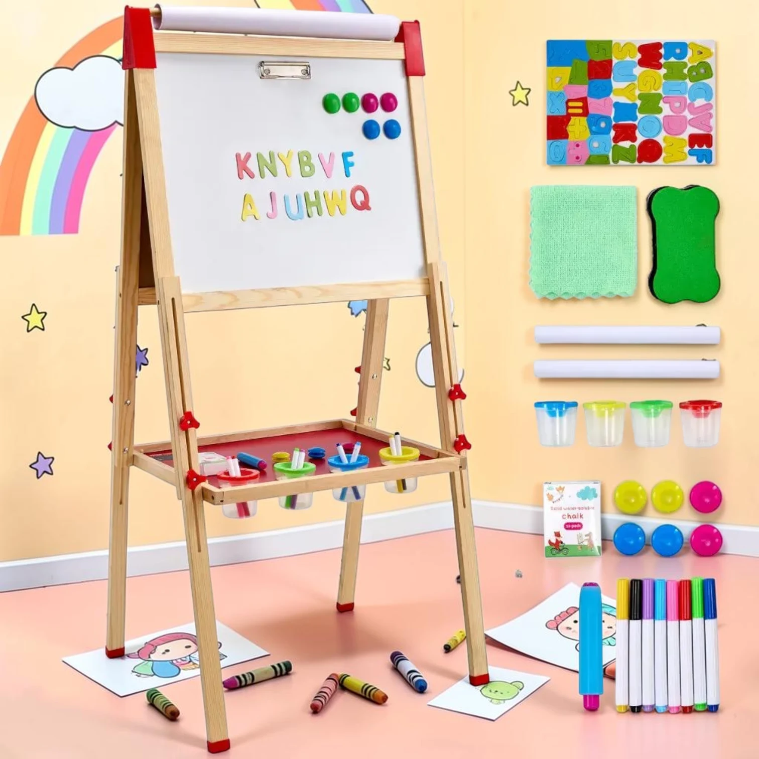 kidartstand 3-in-1 Kids Art Easel Double-Sided Magnetic Whiteboard and Chalkboard Natural Pine Wood
