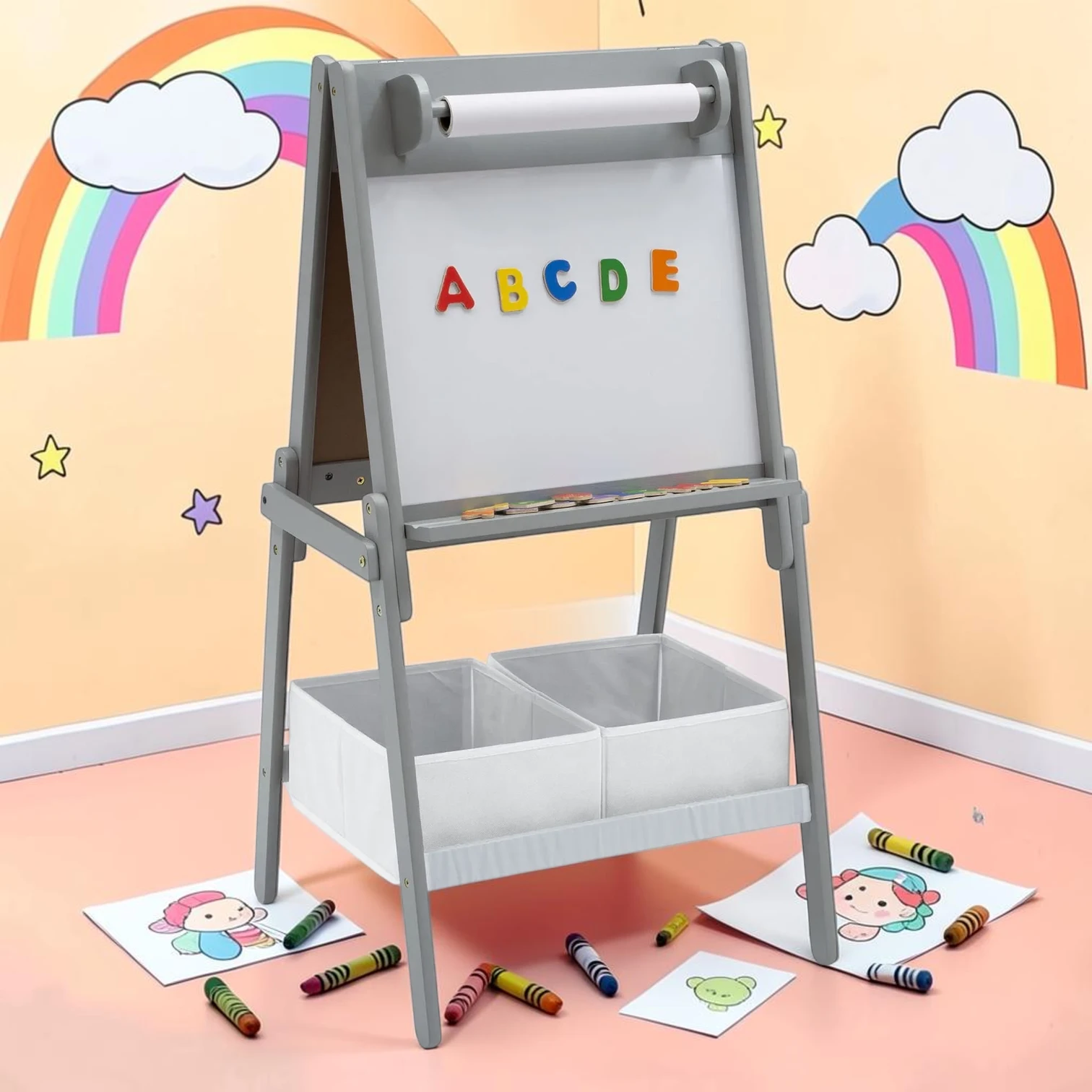 kidartstand Double-Sided Art Easel with Storage and Paper Roll, Wood, 21.625"L x 20.5"W x 40.75"H