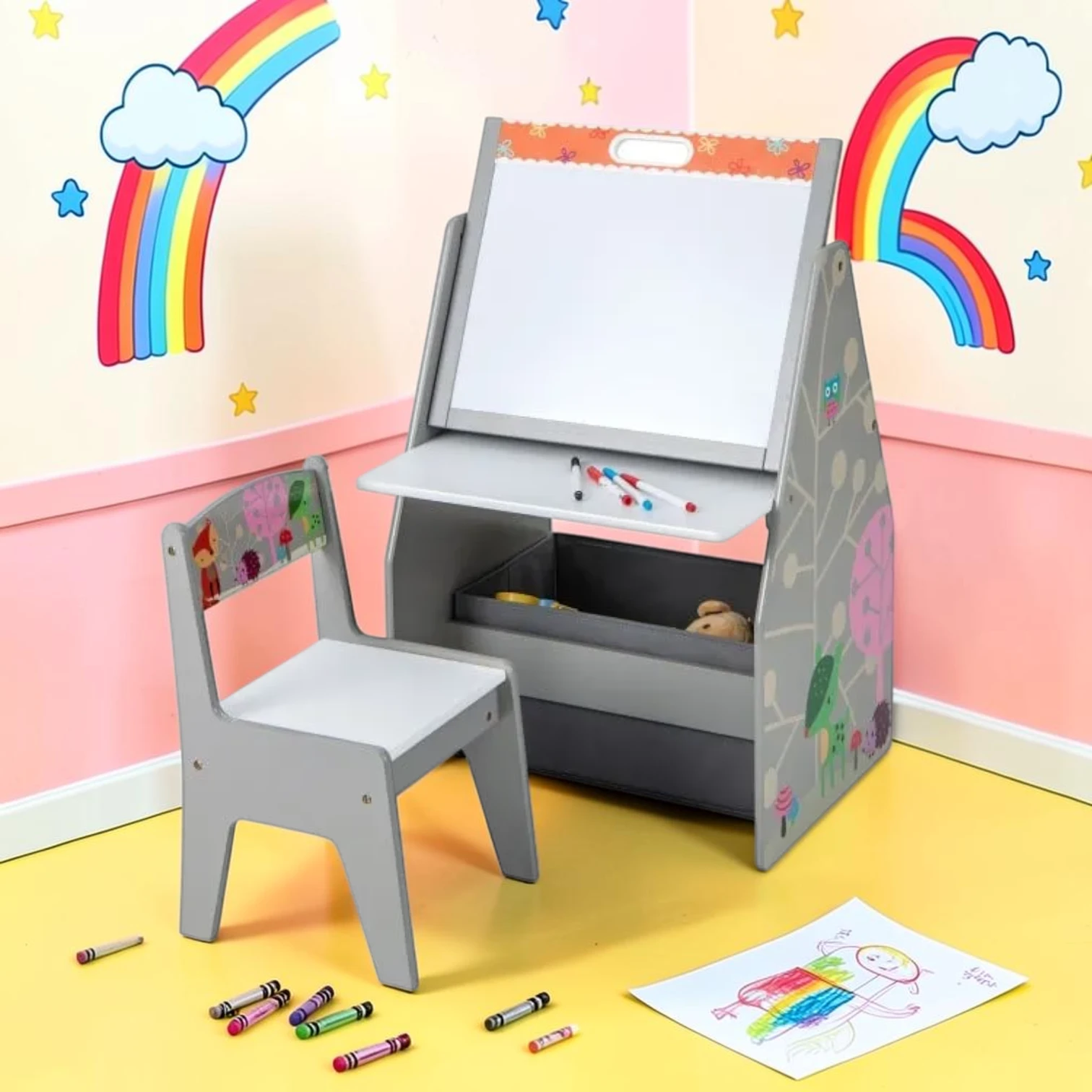 kidartstand 3-in-1 Kids Art Easel and Play Station with Chair and Storage Bins, Gray, P2 MDF