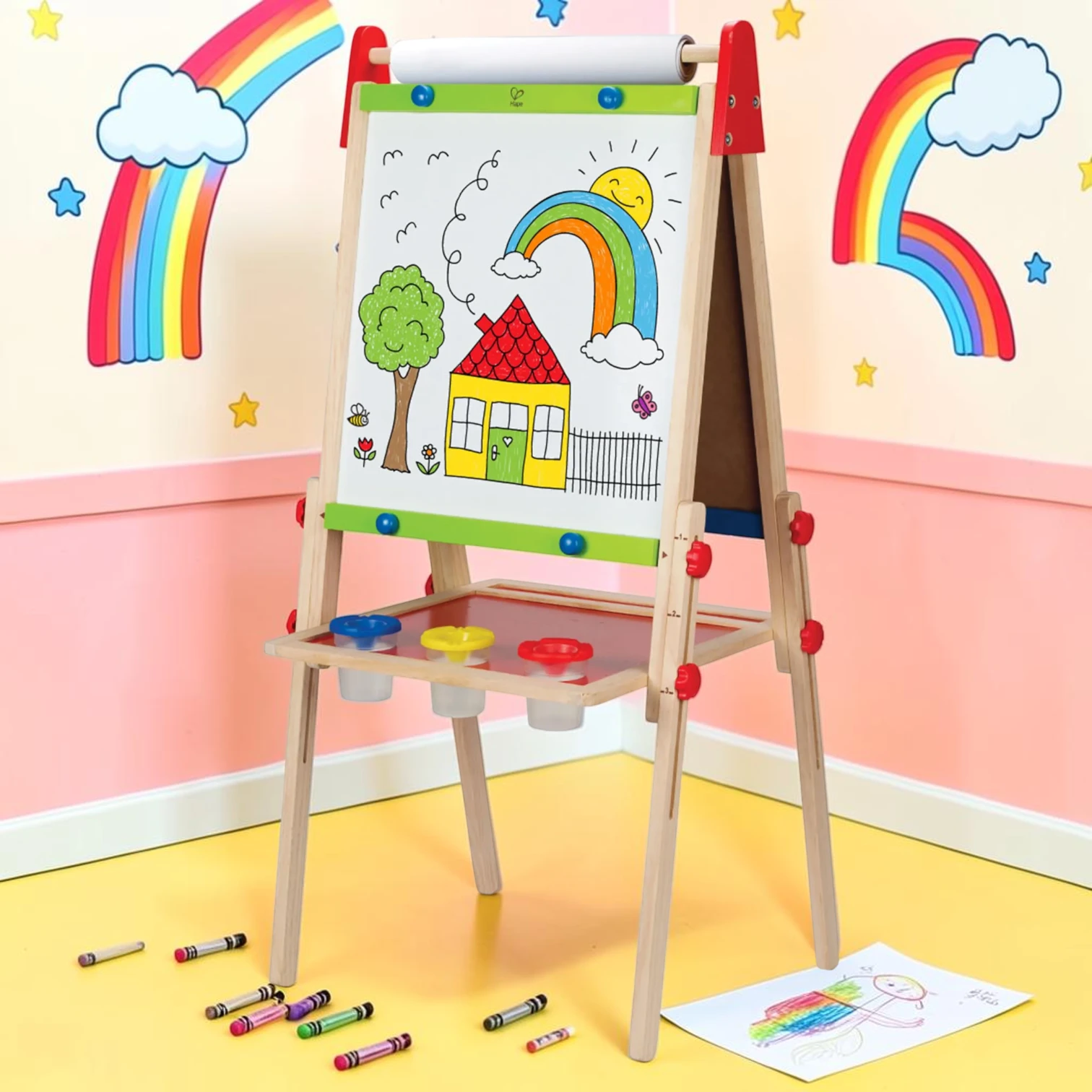 kidartstand Adjustable Kids Art Easel, Wooden Double-Sided Magnetic Whiteboard and Chalkboard, 37.5 to 43.5 Inch Height
