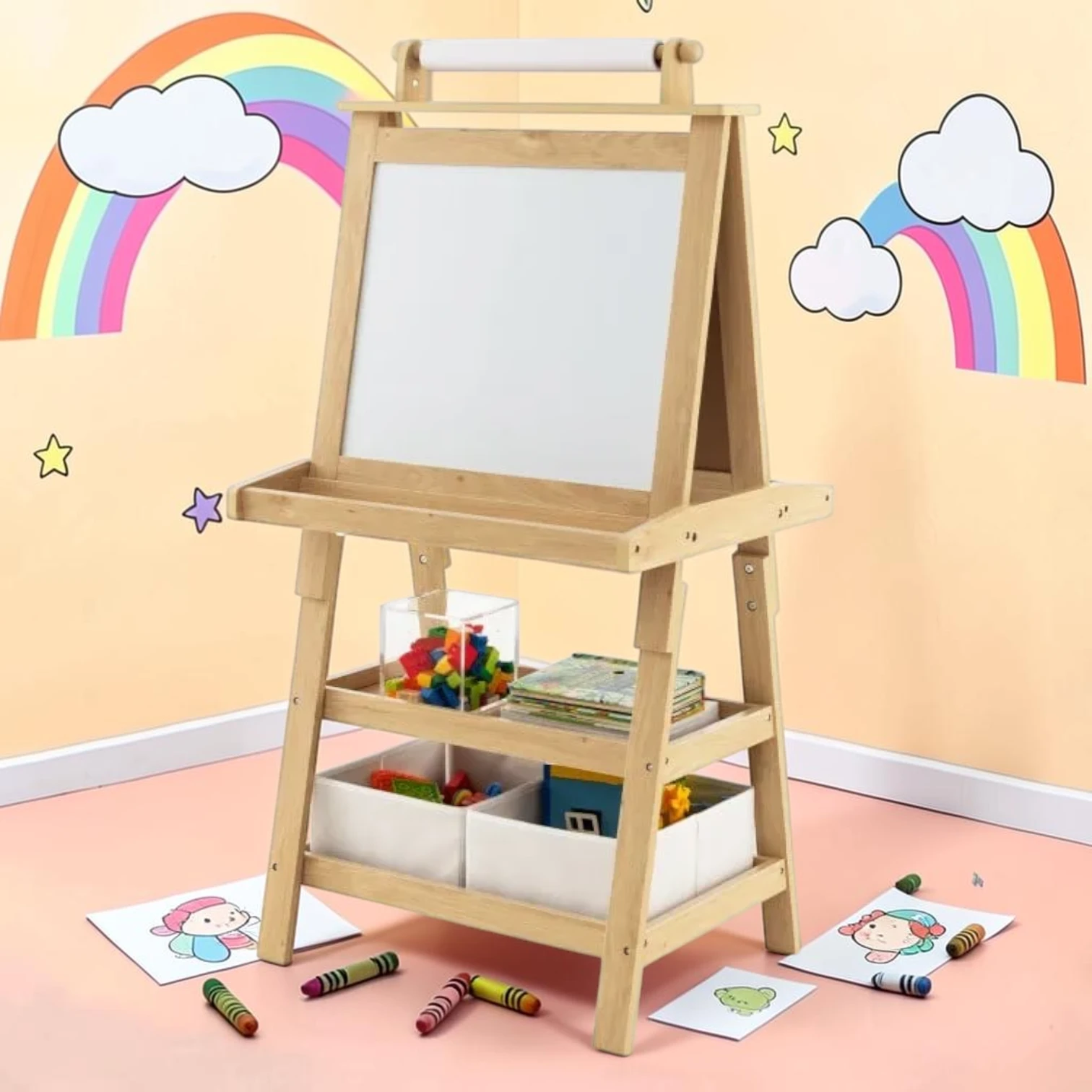kidartstand 3-in-1 Double-Sided Storage Art Easel, Natural MDF, 23.5" x 19.5" x 46"