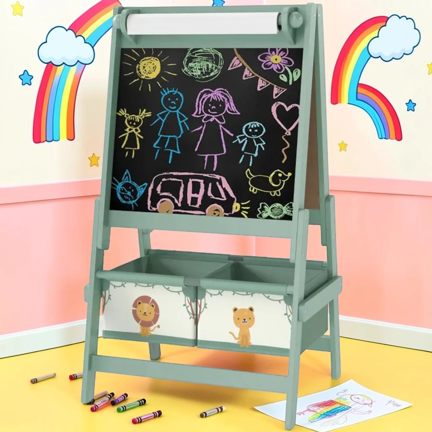 kidartstand Kids Art Easel, Double-Sided Whiteboard and Chalkboard with Paper Roll, Pine Wood and MDF, 37 x 21.3 x 18.1 Inches, Green