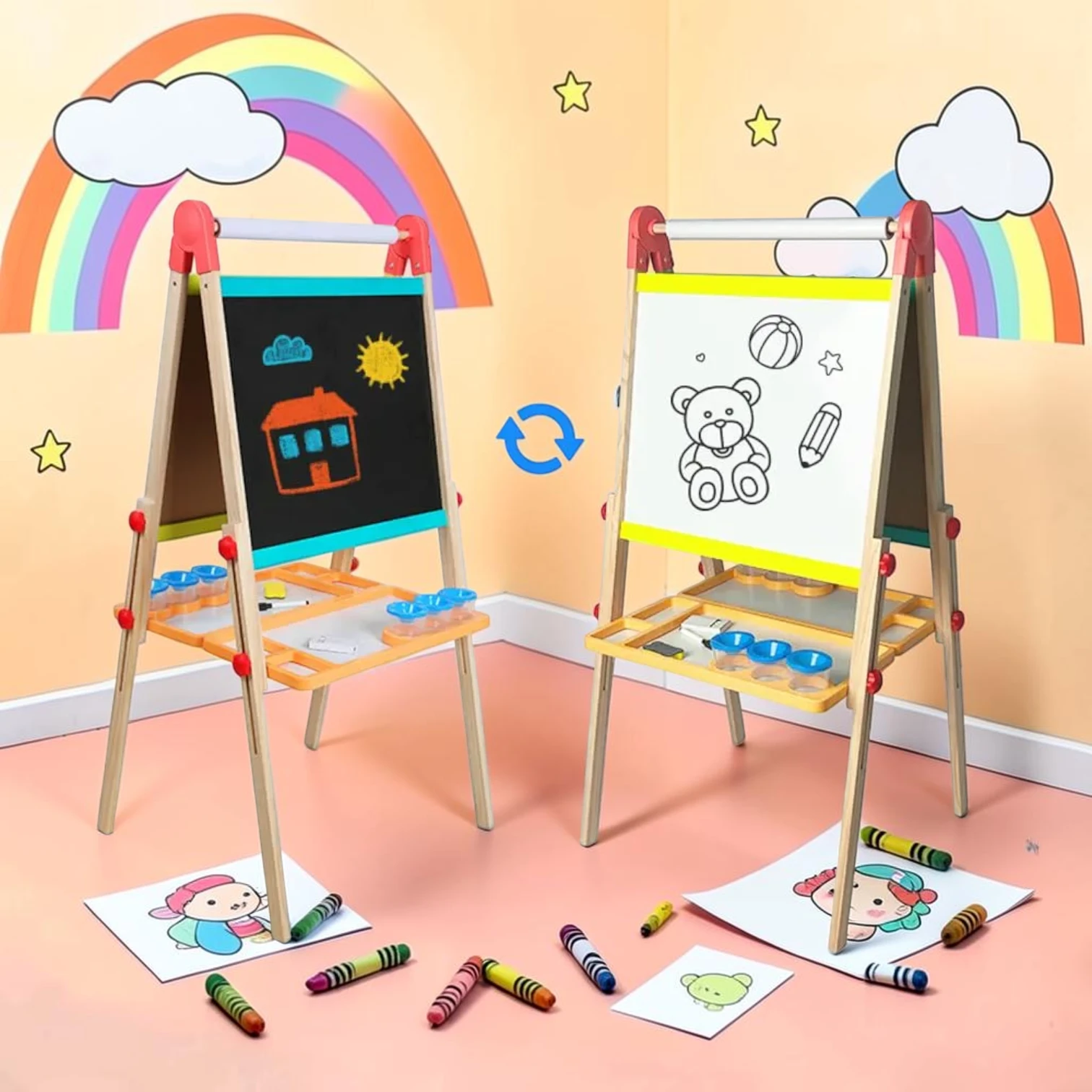 kidartstand Double Sided Wooden Art Easel, Magnetic Whiteboard and Chalkboard with Adjustable Height, 34.5"L x 22.5"W x 3.5"H