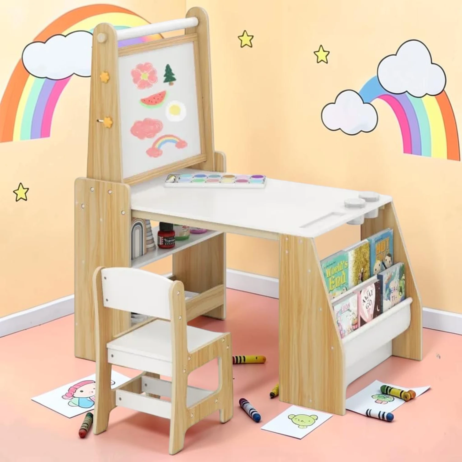 kidartstand Kids Art Table and Chair Set with Easel, MDF and Pine Wood, 40" x 23" x 44"