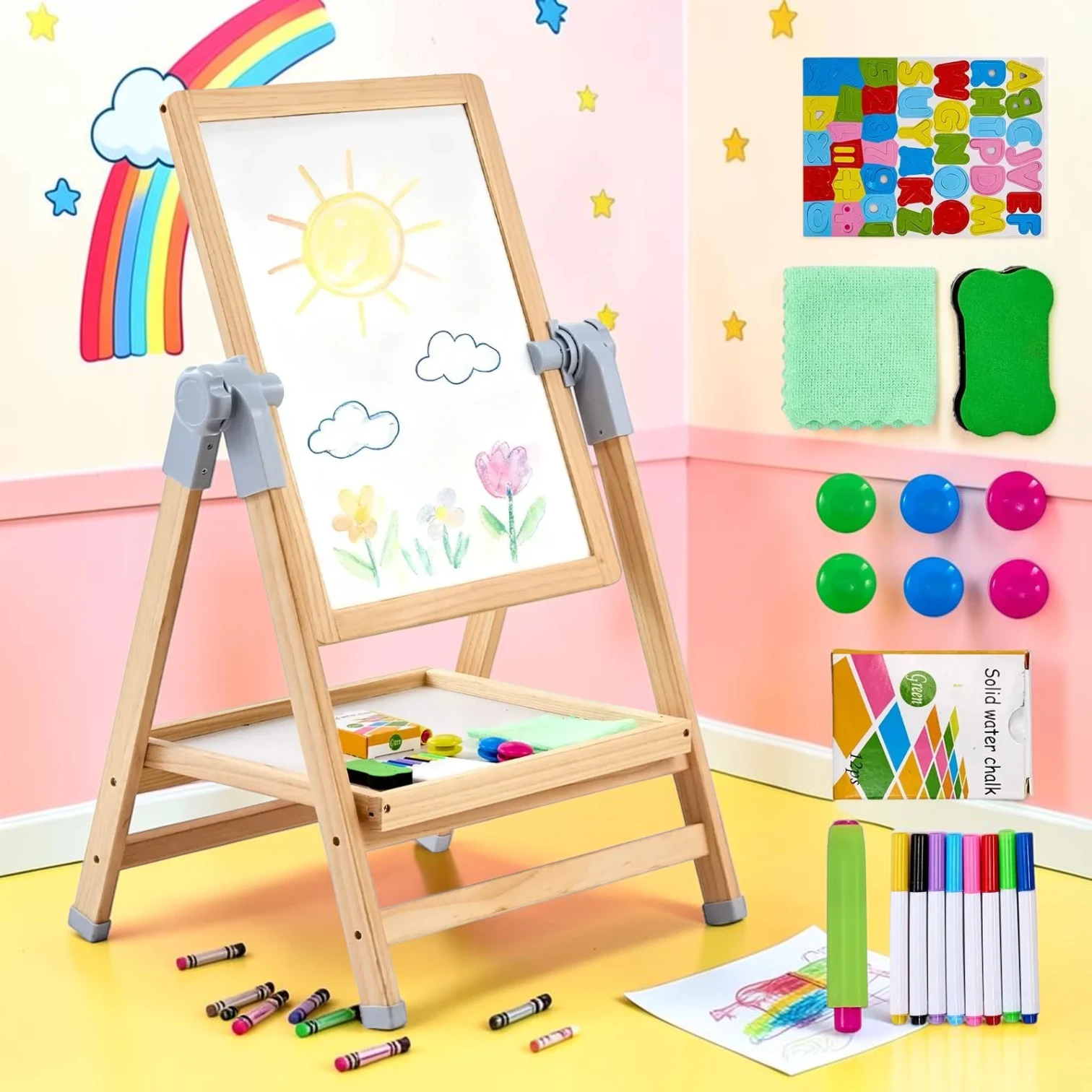 kidartstand 2-in-1 Kids Art Easel Double-Sided Wooden Magnetic Whiteboard and Chalkboard