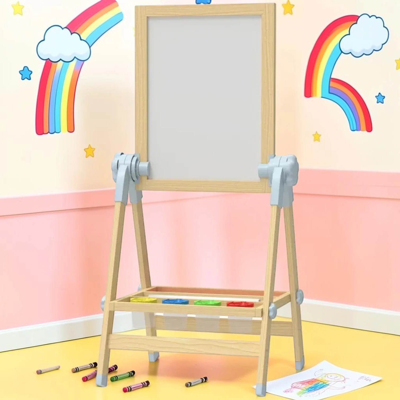 kidartstand Wooden Art Easel, Double Sided Kids Easel with Height Adjustable Chalkboard and Magnetic Whiteboard, Natural