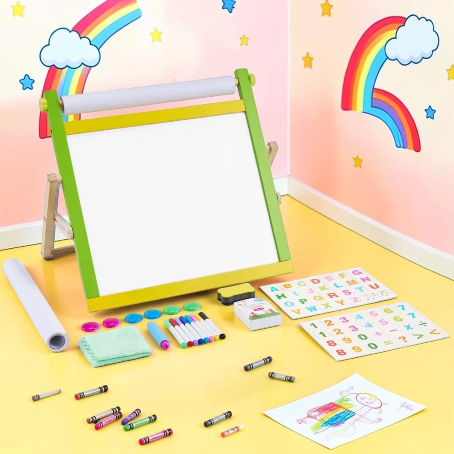 kidartstand 3-in-1 Tabletop Kids Art Easel Double-Sided Magnetic Whiteboard Chalkboard Pine Wood