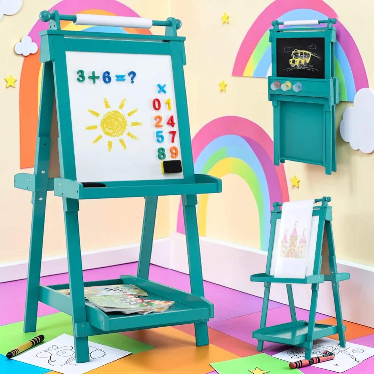 kidartstand 3-in-1 Double-sided Art Easel, MDF and Pine Wood, 21.5" x 26" x 42"