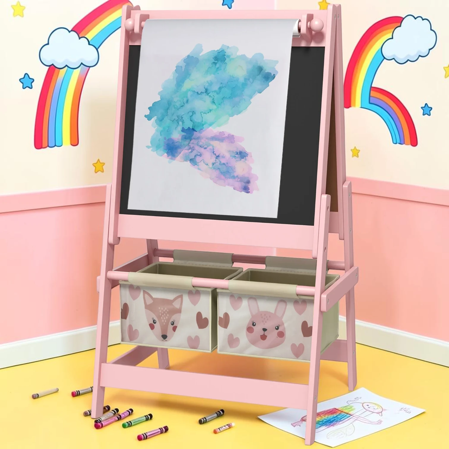 kidartstand Kids Easel with Storage, MDF and Pinewood Double-Sided Art Station, 21.25" L x 18.25" W x 36.5" H