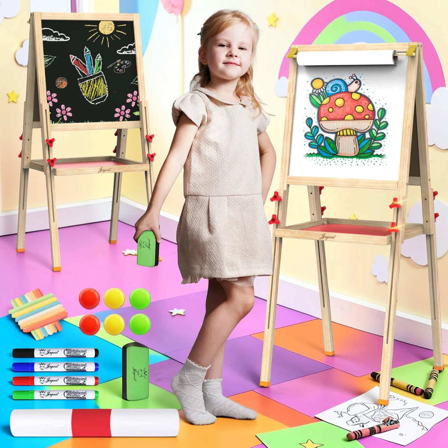 kidartstand Kids Art Easel Double-Sided Magnetic Whiteboard and Chalkboard Wood 22.5 x 17.0 x 3.0 Inch