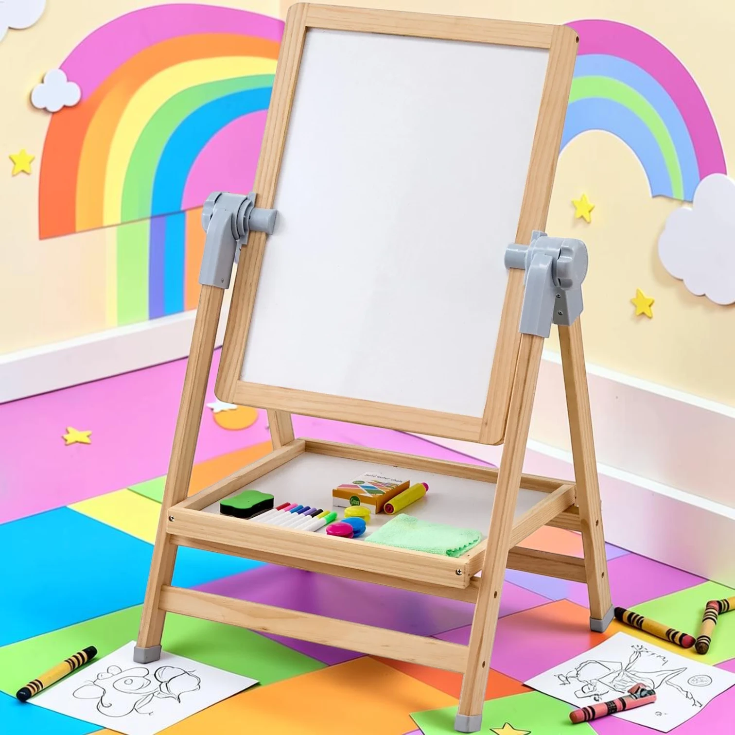 kidartstand 2-in-1 Kids Art Easel Double-Sided Magnetic Whiteboard and Chalkboard with Adjustable Height 27-38 Inches
