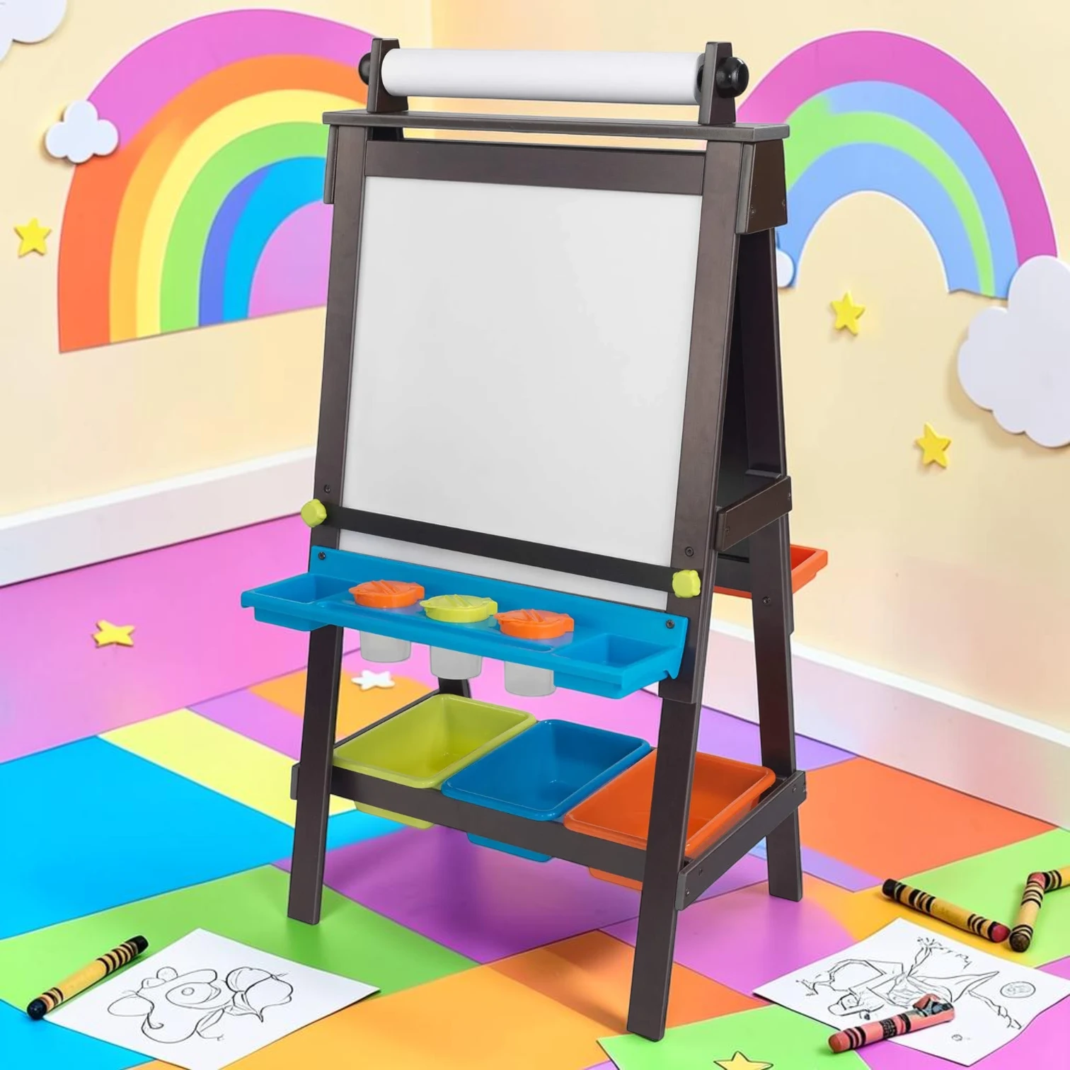 kidartstand Wooden Storage Easel, Double-Sided Dry Erase and Chalkboard, 34.0 x 26.5 x 5.9 Inches, Espresso