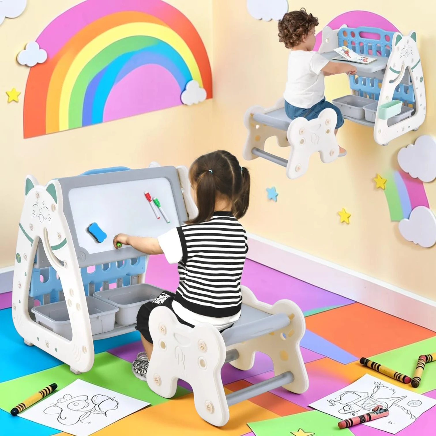kidartstand 3-in-1 Kids Height Adjustable Magnetic Easel, Desk, and Bookcase with Stool, Blue/Grey