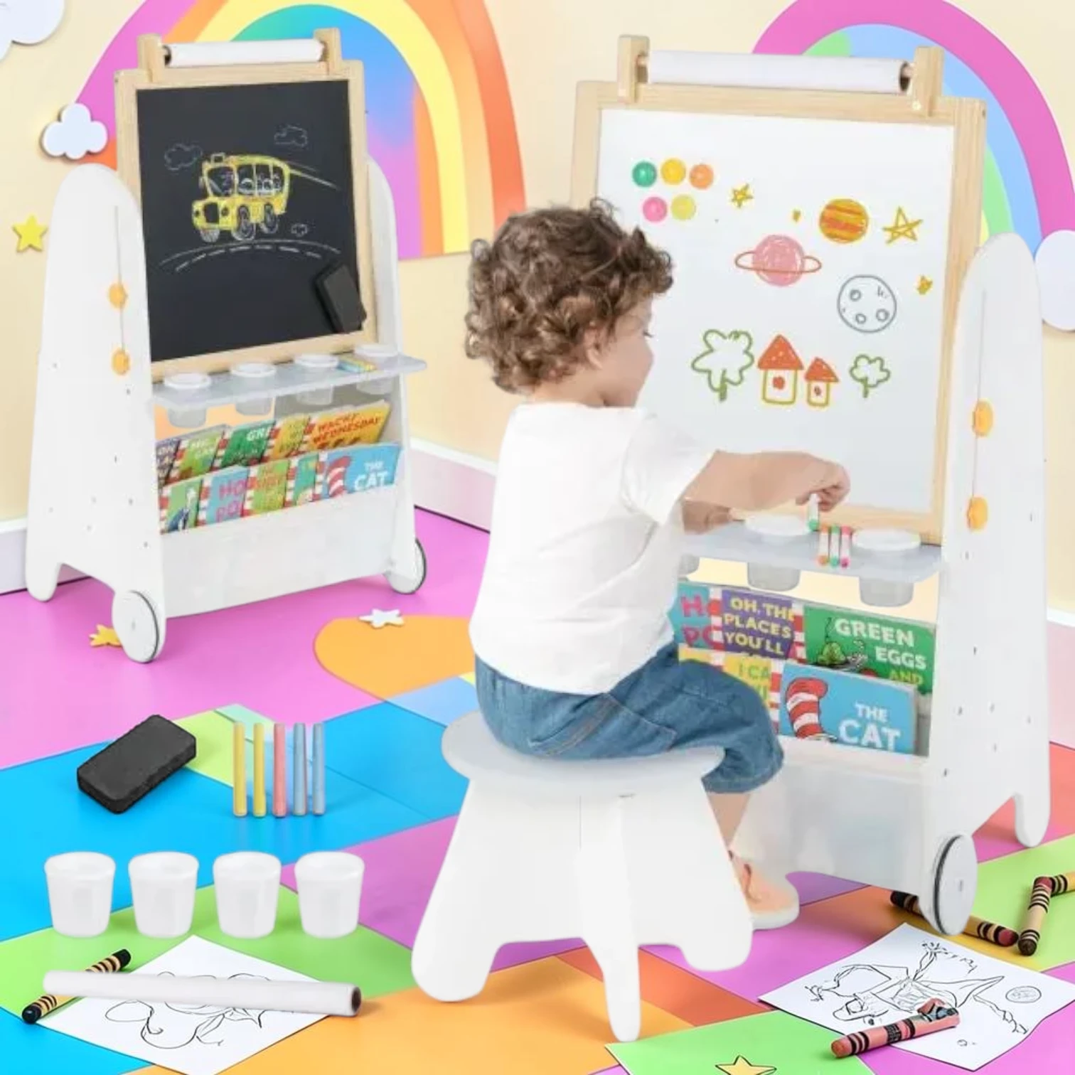 kidartstand 4-in-1 Montessori Activity Station, Adjustable Height Easel, Whiteboard, and Bookcase, MDF and Pine Wood, White or Grey
