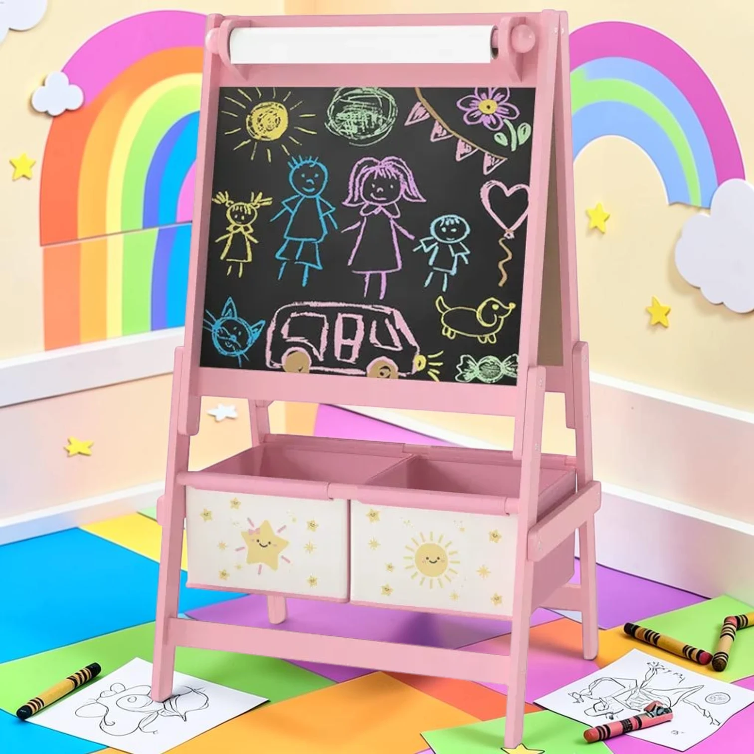 kidartstand Kids Art Easel, Double-Sided Whiteboard & Chalkboard with Paper Roll, Pine Wood & MDF, 37 x 21.3 x 18.1 Inches, Pink