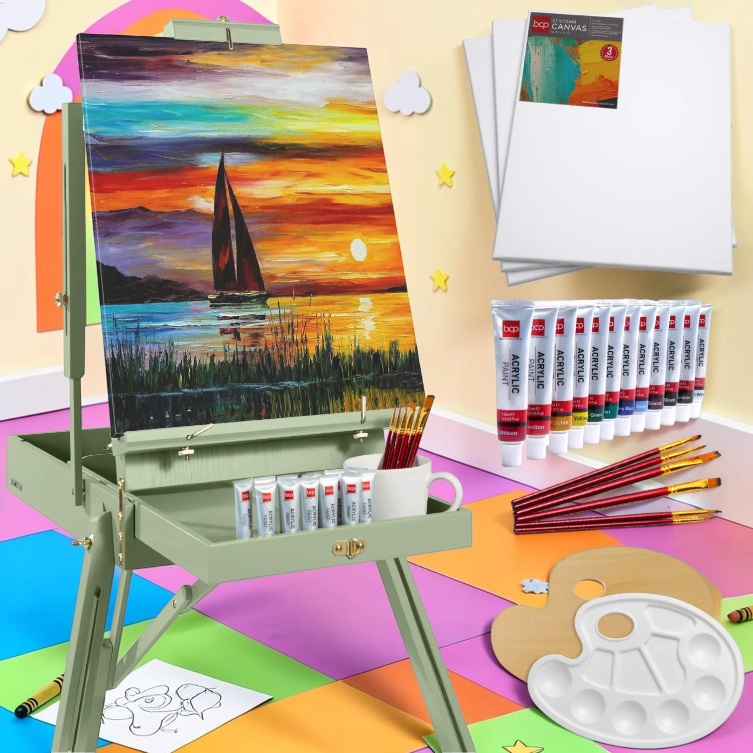 kidartstand French Easel, Wooden Tripod Art Station with 32pc Painting Supplies, Adjustable Height
