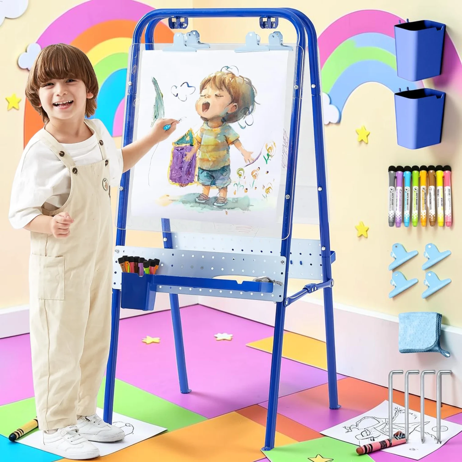 kidartstand Outdoor Kids Art Easel Double-Sided Foldable Waterproof 20.3"L x 20"W x 45.5"H Blue