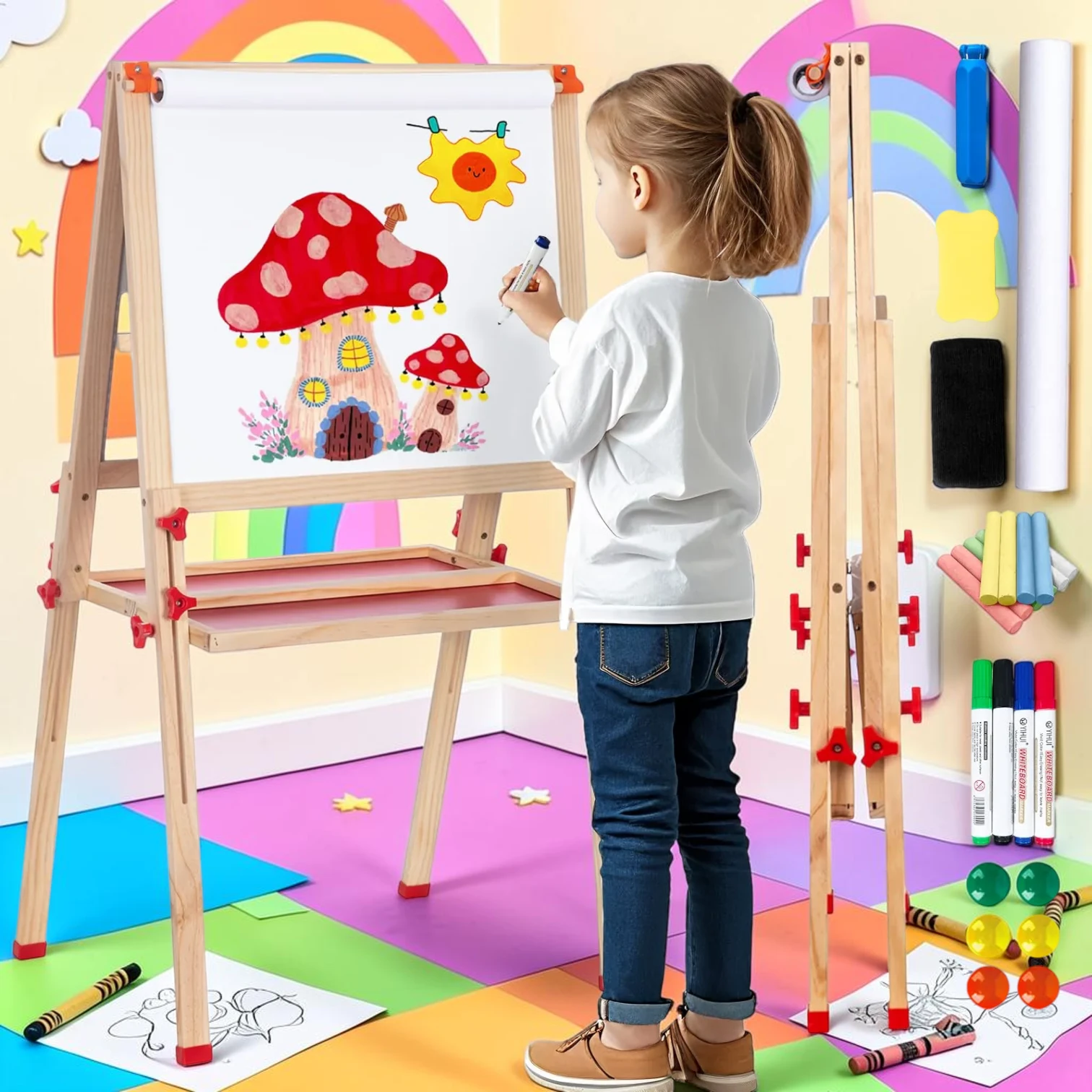 kidartstand Adjustable Wooden Kids Easel with Paper Roll, Dual-Sided Magnetic Board, 30.3-39.3 Inches