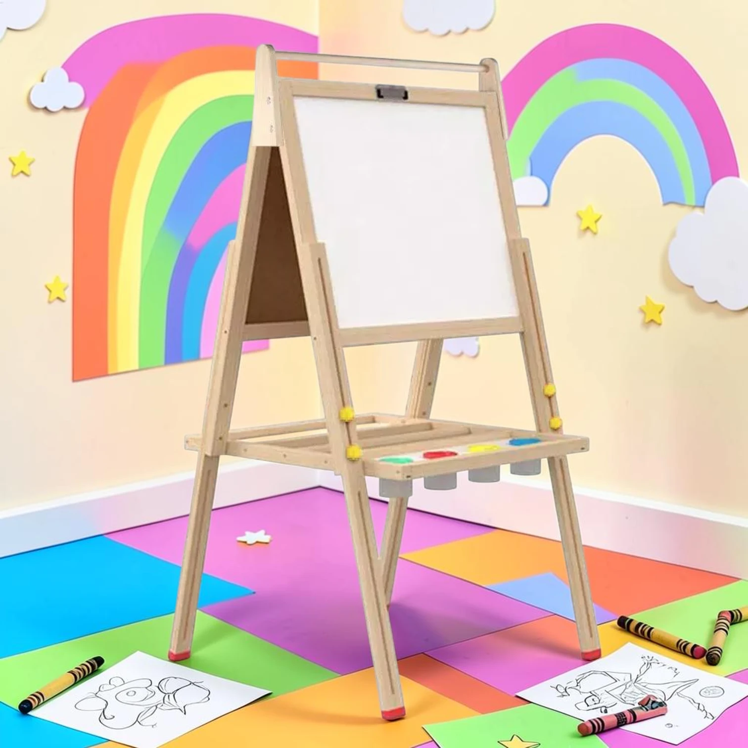 kidartstand Height Adjustable Wooden Childrens Easel, Double Sided Art Station, Pine Wood, 112-117cm